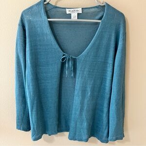 Brooks Brothers Linen Blend Cardigan Sweater Womens Small Teal Shirt Top Blouse